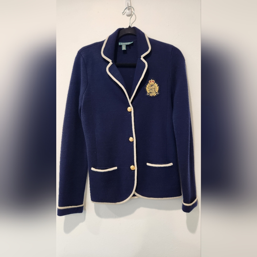 Vintage LAUREN RALPH LAUREN Womens Merino Wool Cardi Jacket Size S Navy